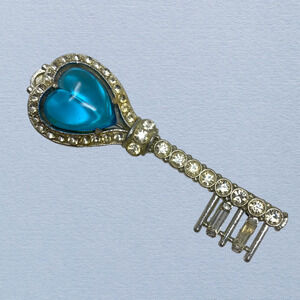 Vintage 1960s Heart Shaped Key Blue Clear Crystal Brooch Pin Silver Tone Novelty